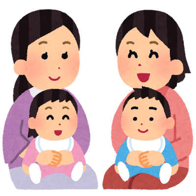 2名の女性がそれぞれの膝の上に赤ちゃんを座らせているイラスト