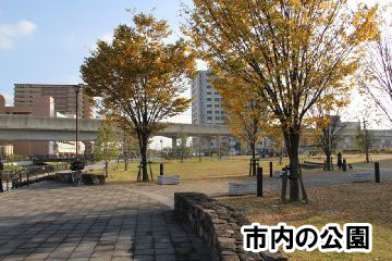 芝生や黄色く色づき始めた樹木の奥に、遊具が設置されている市内の公園の写真