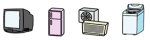 （左から）テレビ、冷蔵庫、エアコン、室外機、洗濯機のイラスト