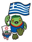 かいちゃんとつぶちゃんがギリシャの国旗を持って走っているオリンピックのイラスト