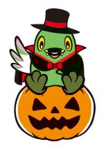 目鼻口をくりぬいたかぼちゃの上に黒色の帽子にマントを被り牙をつけたかいちゃんが乗っているハロウィンののイラスト
