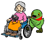 車いすに乗っている女性の膝の上につぶちゃんが乗り車いすをかいちゃんが押している介護のイラスト