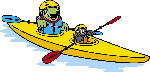 黄色のヘルメットを被ったかいちゃんとつぶちゃんがカヌーを漕いでいるイラスト