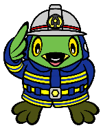 グレー色のヘルメットに青色の消防隊の防火服を着用し敬礼しているかいちゃんのイラスト