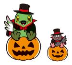 目鼻口をくりぬいたかぼちゃの上に黒色の帽子にマントを被ったかいちゃんとつぶちゃんが乗っているハロウィンのイラスト