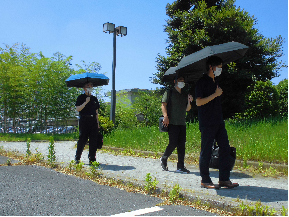 晴天の下、3人の男性が青や黒の日傘をさしてカバンを持ち、歩道を歩いている写真