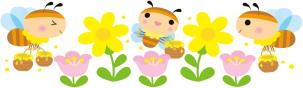 3匹のミツバチが花から蜜を集めているイラスト