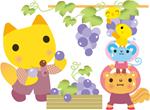 リスやネズミ、ヒヨコが協力して頭上になっているブドウを収穫しようとしているイラスト