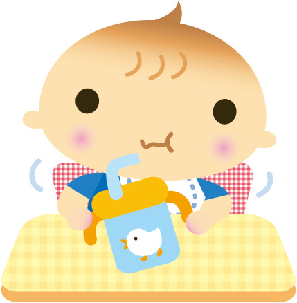 椅子に座っている幼児がストロー付きのマグカップを手に持って口をモグモグしている様子のイラスト