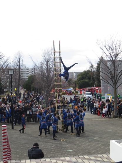 沢山の観客に見守られながら、青の法被を着た組合員の方たちが梯子乗りを披露している写真