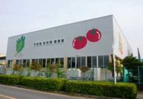 外壁にトマトと葉野菜がイラストされた三郷市立鷹野学校給食センター 西館の写真