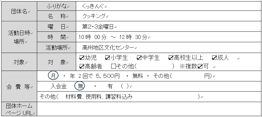 クッキング団体情報