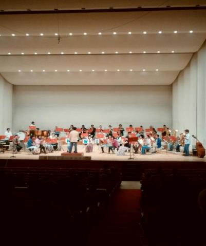 楽器を演奏している吹奏楽団の方々を客席の後方からステージに向かって写した写真