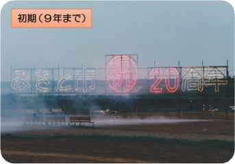 河川敷に設置された、「みさと市 祝 20周年」と書かれた仕掛け花火を写した平成初期の三郷市の写真