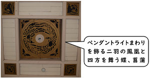 「ペンダントライトまわりを飾る二羽の鳳凰と四方を舞う蝶、菖蒲」中央丸枠内に2羽の鳳凰、四方に4羽の蝶、枠外に4つの菖蒲の花の透かし彫りが施された天井の写真