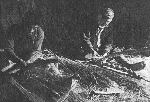 小屋の中で、2人の方が残った藁でしめ縄を作っている白黒写真