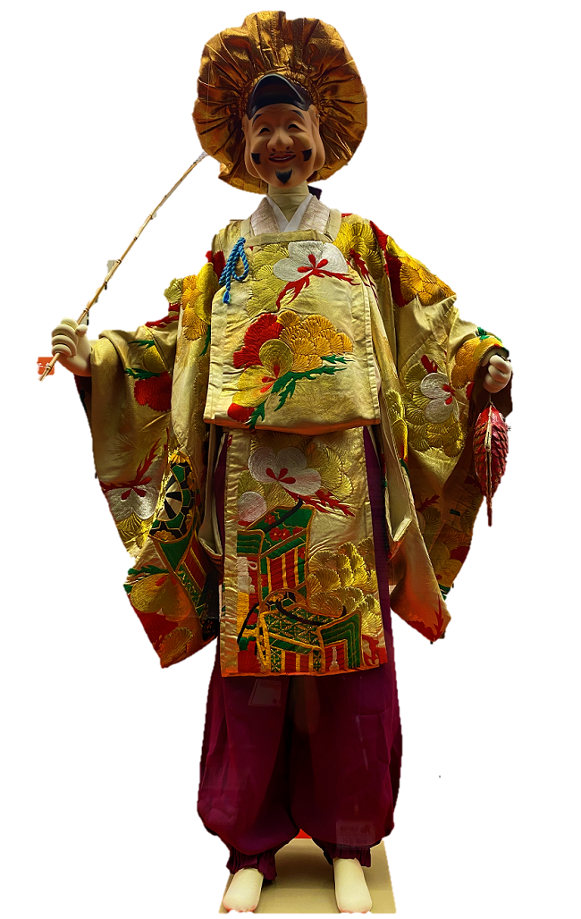 右手に釣り竿、左手に赤い鯛を持ち、金色とえんじ色の豪華な里神楽衣装に身を包んだ人形の写真