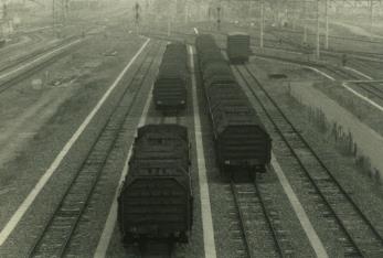 2列の線路に貨物列車が停車している武蔵野操車場の白黒写真
