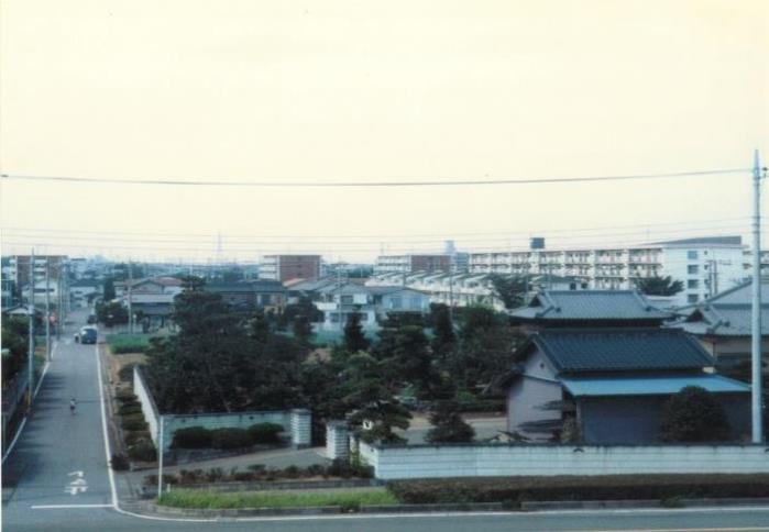 広い庭に多くの植木が植えられている民家や奥に建つ団地などの街並みを撮った写真