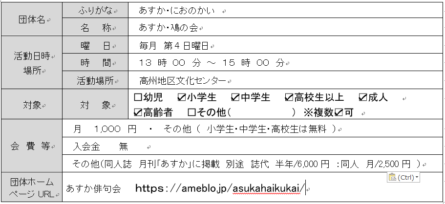 あすか鳰の会団体情報