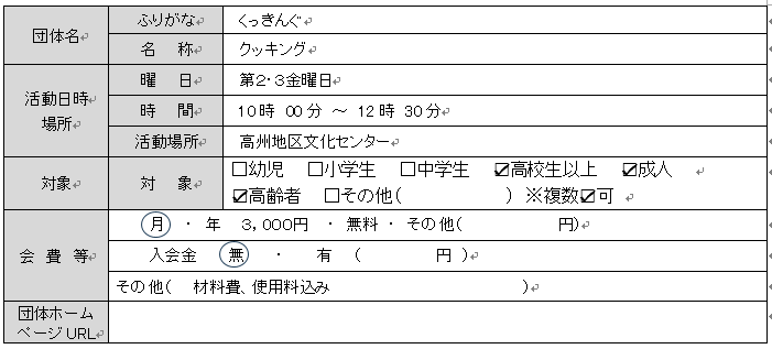 クッキング団体情報