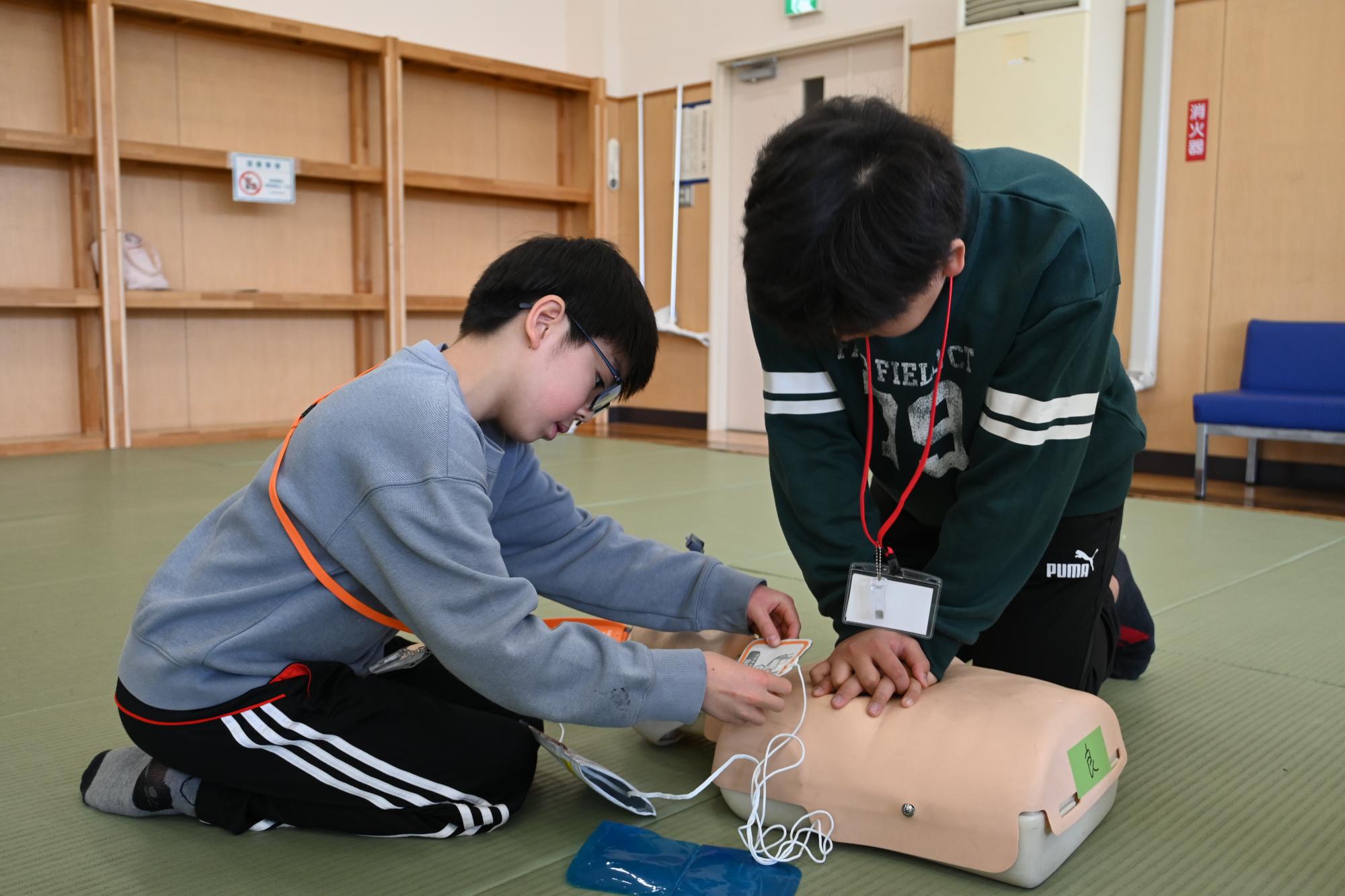 胸骨圧迫の練習を行う参加者