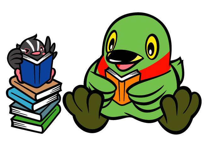 積み上げられた本の上で本を読んでいるつぶちゃんと、その横で座って本を読んでいるかいちゃんのイラスト