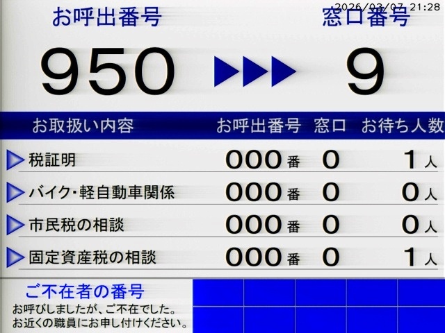 市役所1階税税窓口呼び出し状況